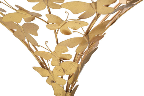 Mesilla de noche de pared de metal dorado decorada con mariposas y tablero de cristal