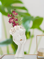 Vase Femme Masque avec Couronne de Fleurs et Décorations Dorées