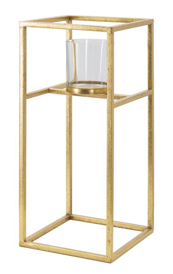 Candelabro de metal dorado con vaso cuadrado