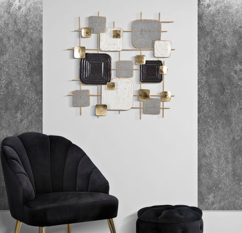 Panel decorativo de pared 3D de hierro con formas geométricas oro y negro