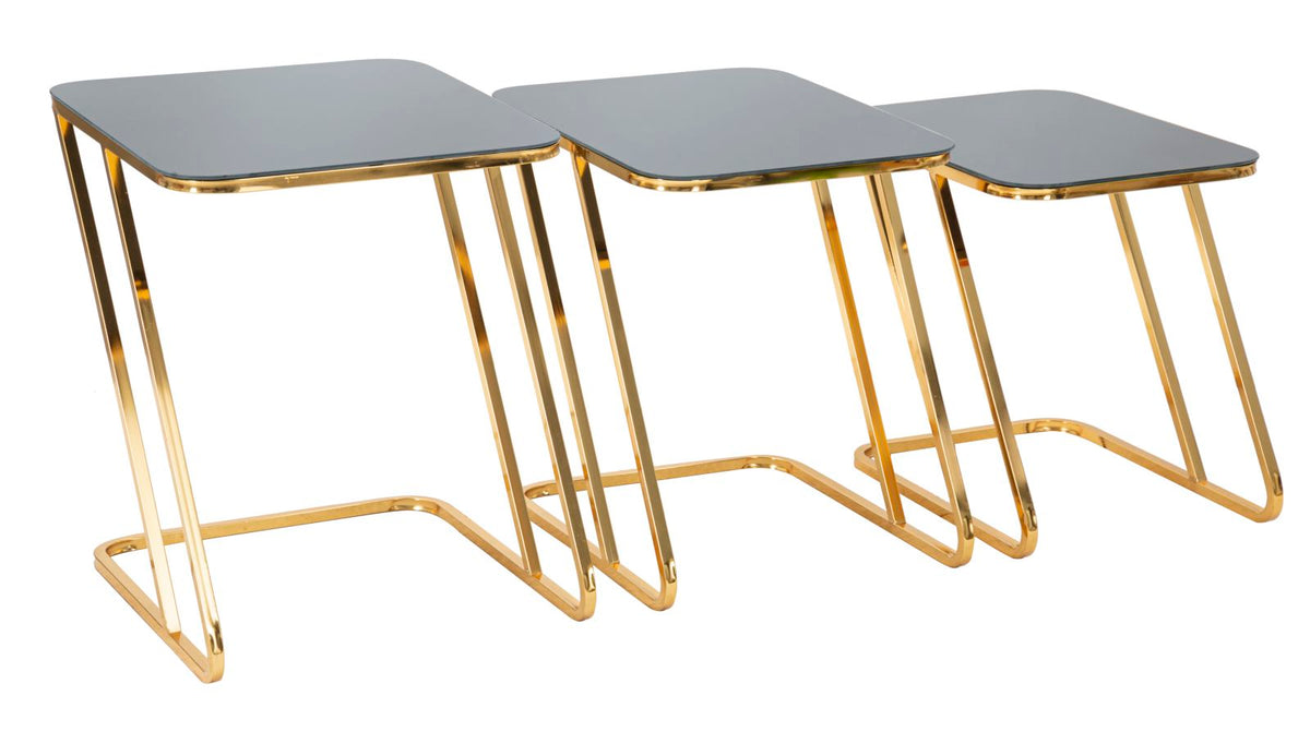 Ensemble de 3 tables carrées métal doré et verre noir