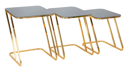 Ensemble de 3 tables carrées métal doré et verre noir