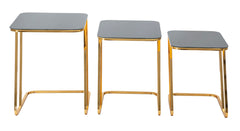 Ensemble de 3 tables carrées métal doré et verre noir