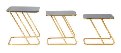 Ensemble de 3 tables carrées métal doré et verre noir