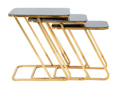 Ensemble de 3 tables carrées métal doré et verre noir