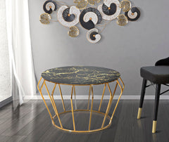 Table basse ronde Histor Métal doré et plateau en verre marbré