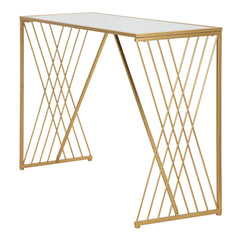 Console rectangulaire en métal doré avec plateau en verre miroir