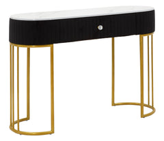 Console rectangulaire Montpellier Tissu rembourré Noir dessus imitation marbre Structure métal doré
