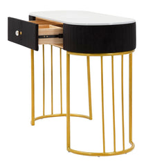 Console rectangulaire Montpellier Tissu rembourré Noir dessus imitation marbre Structure métal doré