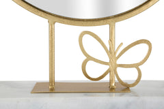 Miroir de table rond cadre métal doré base marbre blanc avec papillon