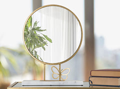 Miroir de table rond cadre métal doré base marbre blanc avec papillon