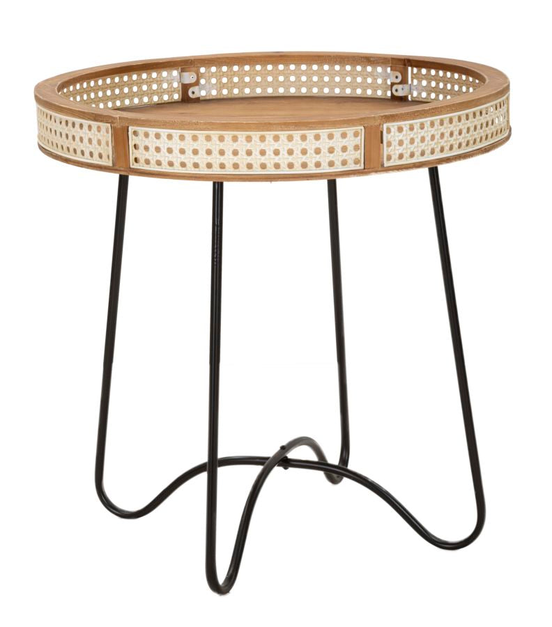 Mesa de centro Fuji, borde de madera, rejilla vienesa, base de metal negro