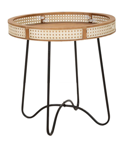 Mesa de centro Fuji, borde de madera, rejilla vienesa, base de metal negro