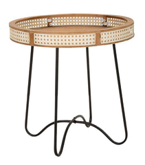 Table basse Fuji bord en bois cannage de Vienne base métal Noir