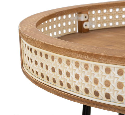 Mesa de centro Fuji, borde de madera, rejilla vienesa, base de metal negro