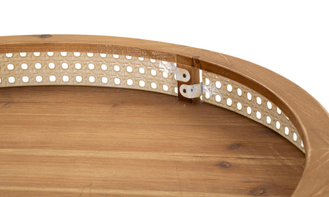 Mesa de centro Fuji, borde de madera, rejilla vienesa, base de metal negro