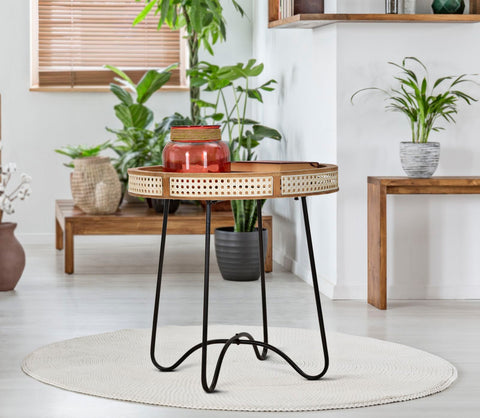 Mesa de centro Fuji, borde de madera, rejilla vienesa, base de metal negro