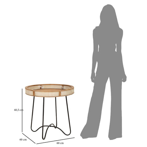 Mesa de centro Fuji, borde de madera, rejilla vienesa, base de metal negro