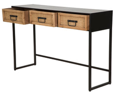 Console avec 2 tiroirs tissés et structure en métal Noir et Bois naturel