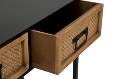 Console avec 2 tiroirs tissés et structure en métal Noir et Bois naturel