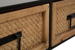 Console avec 2 tiroirs tissés et structure en métal Noir et Bois naturel