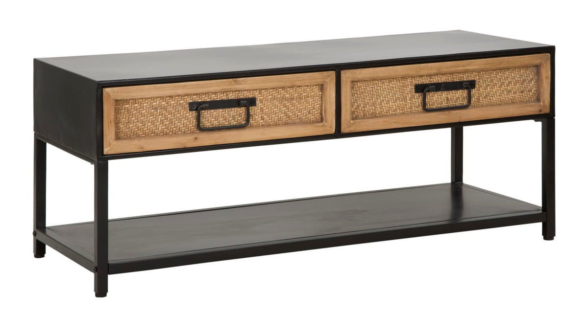 Meuble TV Hanoï Métal Noir et 2 tiroirs Bois Tissé
