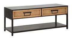 Meuble TV Hanoï Métal Noir et 2 tiroirs Bois Tissé