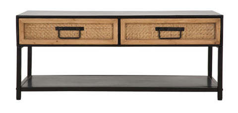 Meuble TV Hanoï Métal Noir et 2 tiroirs Bois Tissé