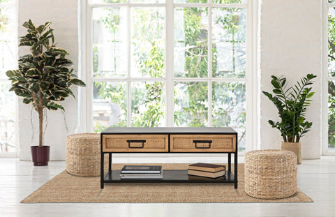 Meuble TV Hanoï Métal Noir et 2 tiroirs Bois Tissé