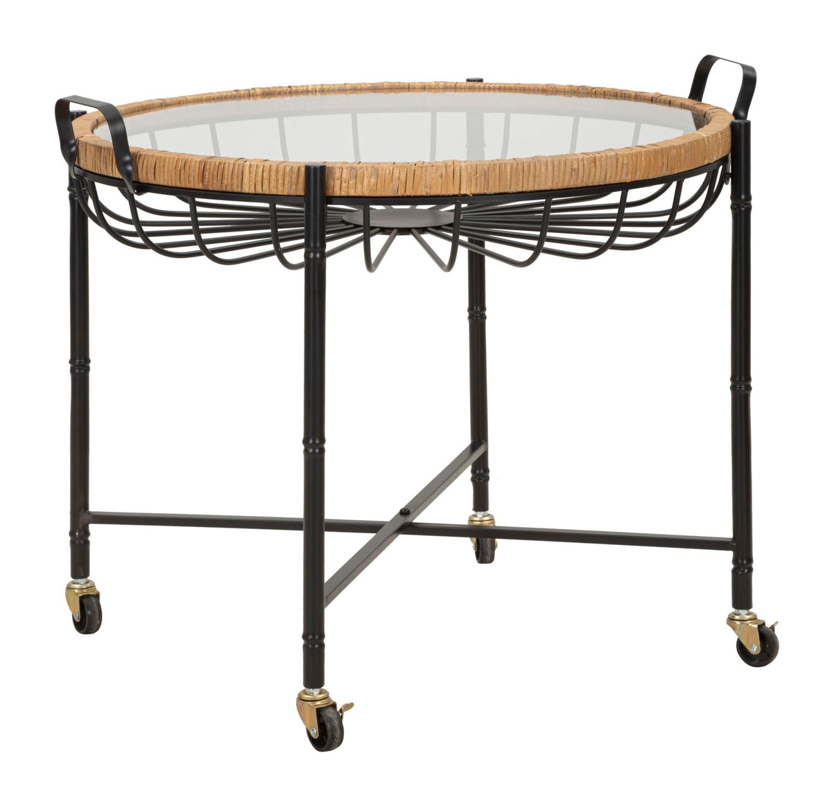 Table basse ronde Cebu Verre et tissage en rotin pieds métal Noir