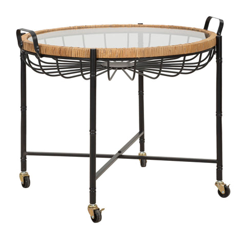 Table basse ronde Cebu Verre et tissage en rotin pieds métal Noir