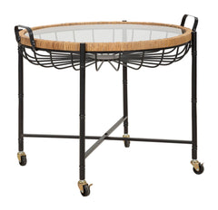 Table basse ronde Cebu Verre et tissage en rotin pieds métal Noir