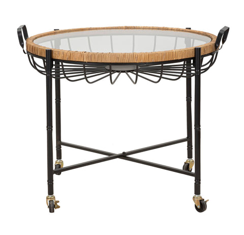 Table basse ronde Cebu Verre et tissage en rotin pieds métal Noir