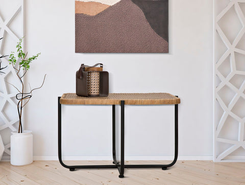Mesa de centro rectangular CEBU de metal negro y ratán trenzado