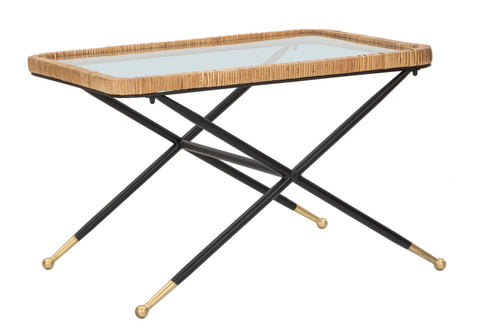 Mesa de centro rectangular Saint Barth de cristal y ratán, patas metálicas negras con acabado dorado