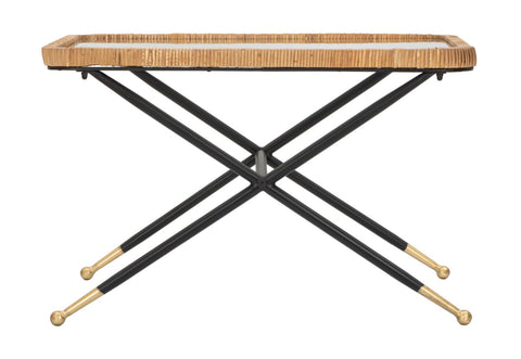 Mesa de centro rectangular Saint Barth de cristal y ratán, patas metálicas negras con acabado dorado