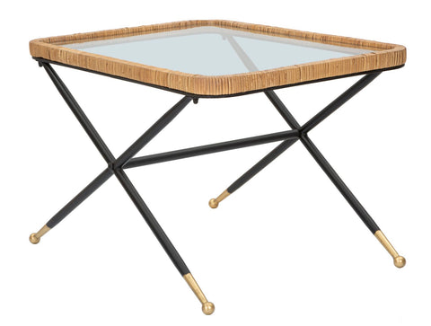 Mesa de centro rectangular Saint Barth de cristal y ratán, patas metálicas negras con acabado dorado