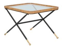 Table basse rectangulaire Saint Barth verre et rotin pieds métal Noir avec finition dorée