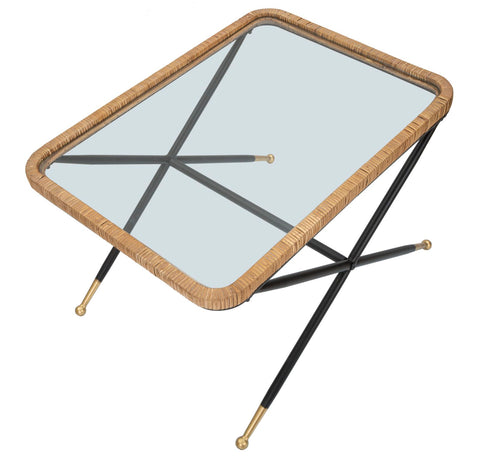 Mesa de centro rectangular Saint Barth de cristal y ratán, patas metálicas negras con acabado dorado