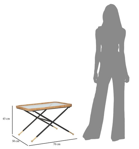 Mesa de centro rectangular Saint Barth de cristal y ratán, patas metálicas negras con acabado dorado