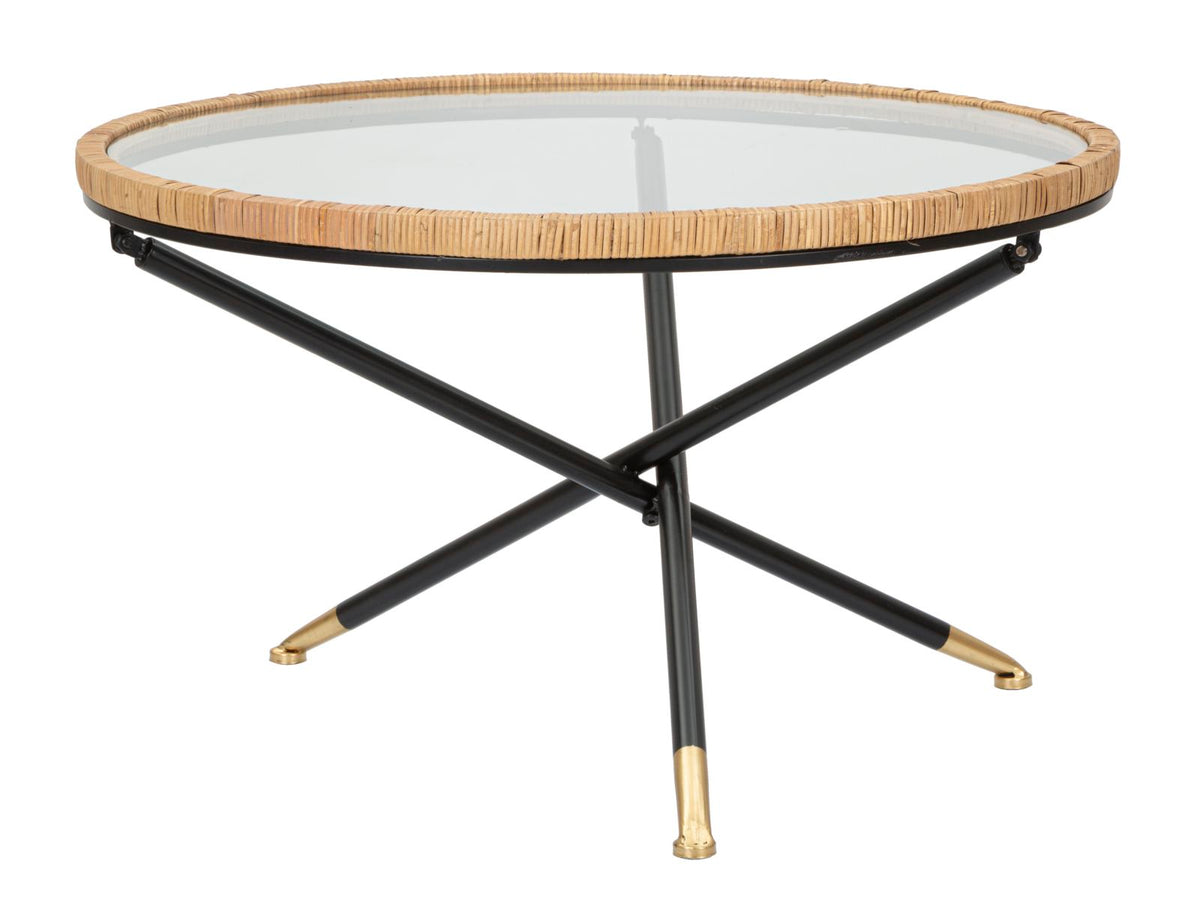 Table basse ronde Saint Barth Verre et Rotin pieds métal Noir dorés