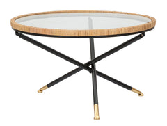 Table basse ronde Saint Barth Verre et Rotin pieds métal Noir dorés