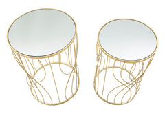 Table ronde en métal doré et verre miroir