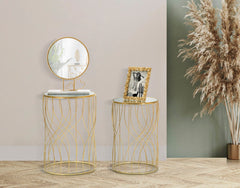 Table ronde en métal doré et verre miroir