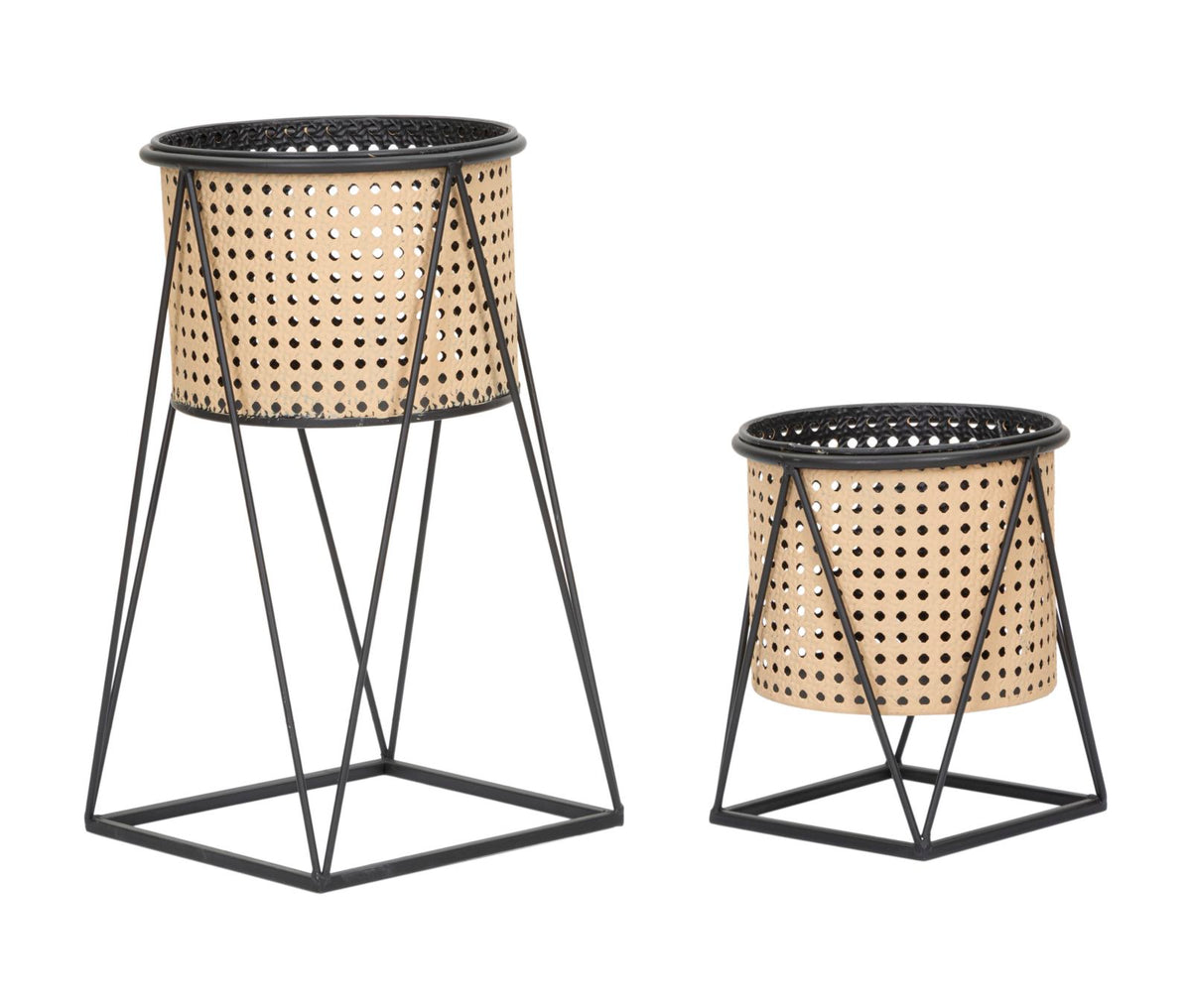 Paire de porte-vases ronds en métal Crème motifs Paille de Vienne socle Noir