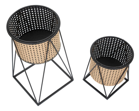 Paire de porte-vases ronds en métal Crème motifs Paille de Vienne socle Noir