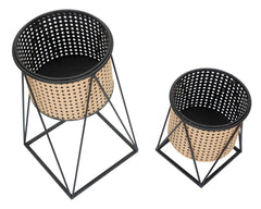 Paire de porte-vases ronds en métal Crème motifs Paille de Vienne socle Noir