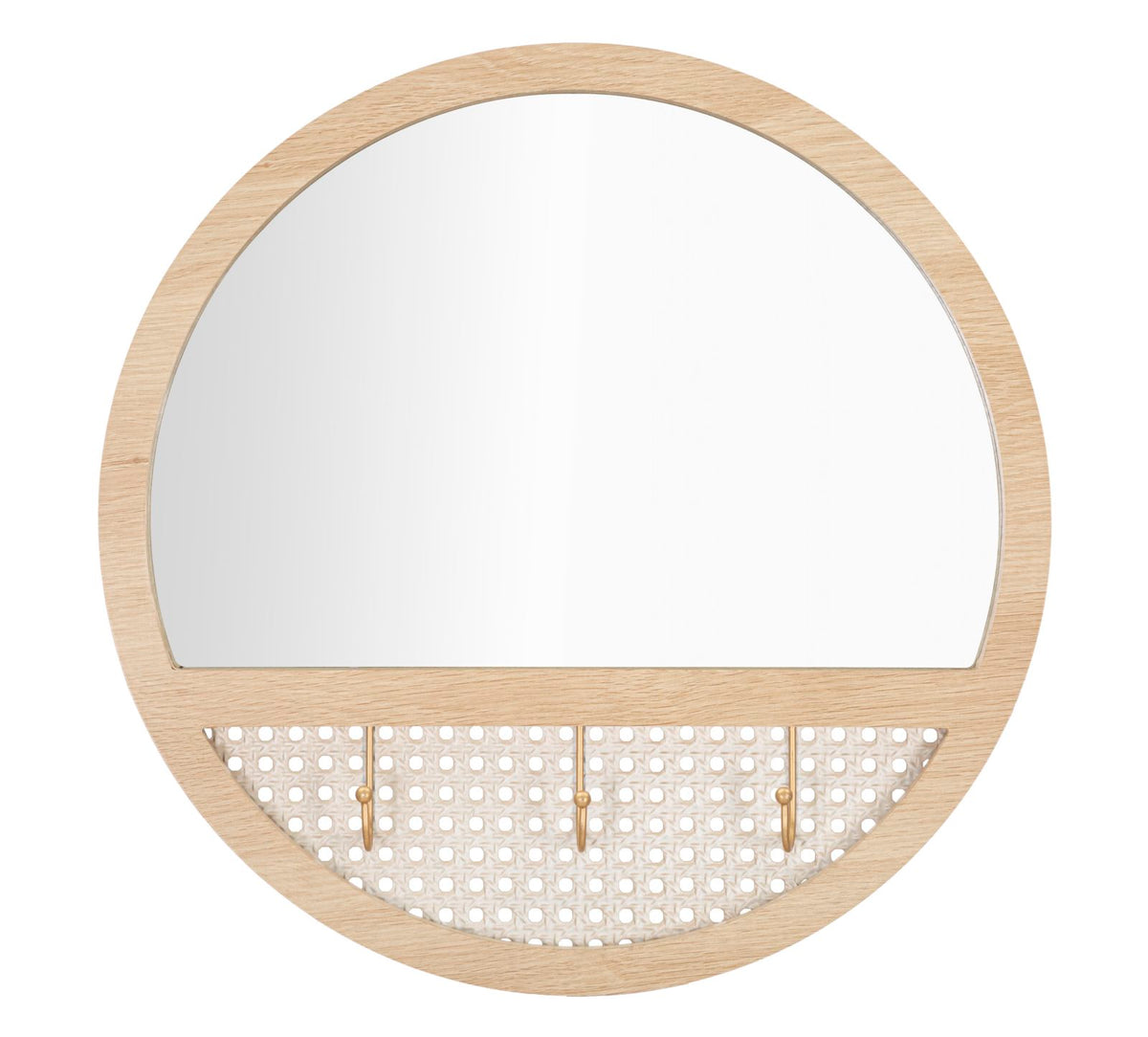 Miroir mural rond Fuji Chêne Clair avec 3 crochets en paille de Vienne