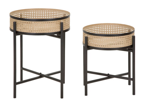 Table d'appoint en métal et paille de Vienne socle Noir