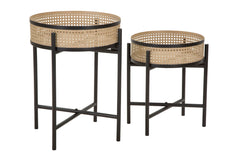 Table d'appoint en métal et paille de Vienne socle Noir